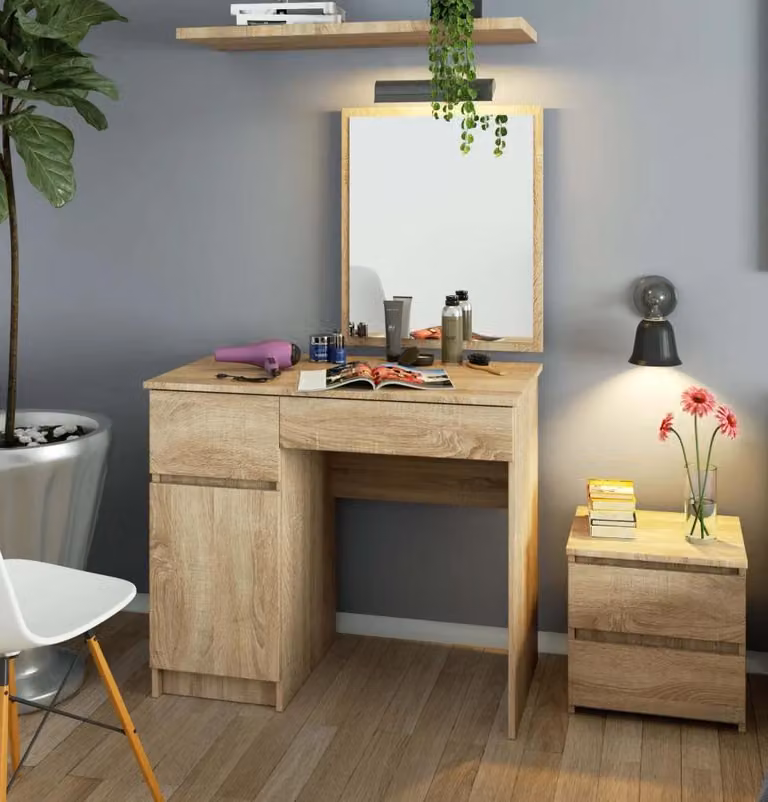 Tavolino da toeletta con specchio BRETIK - rovere sonoma, versione a sinistra