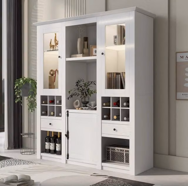 Vetrina LED 143x45,5x170 cm in MDF bianco con contenitore integrato per soggiorno –