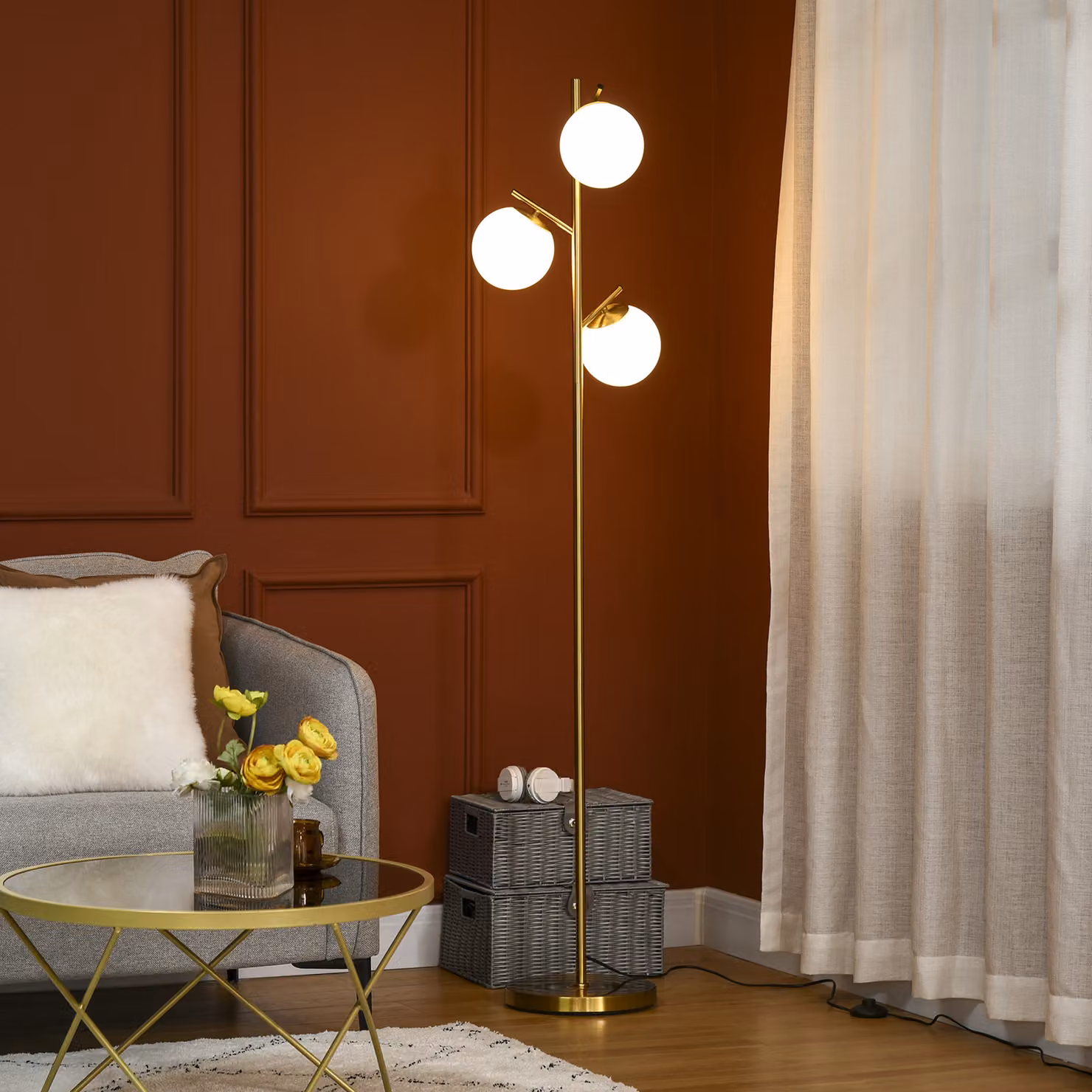 HOMCOM Lampada da Terra Moderna con 3 Punti Luce in Metallo e Vetro, Oro, Ø27 x H 159 cm – 2