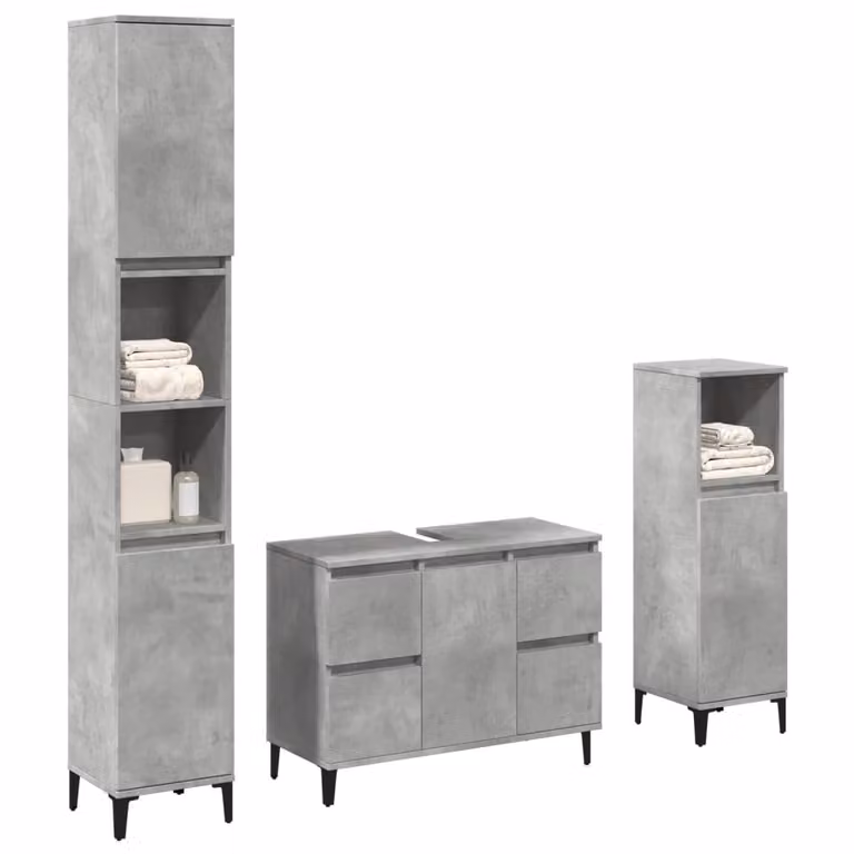 Set di mobili da bagno vidaXL 3 pezzi in legno e metallo grigio con mobile lavabo, colonna alta e mobile laterale