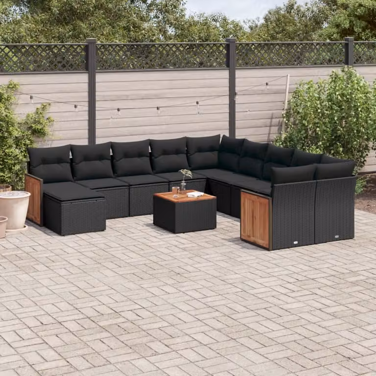 Set di divani da giardino vidaXL in polyrattan nero con cuscini, tavolino e pouf per esterno