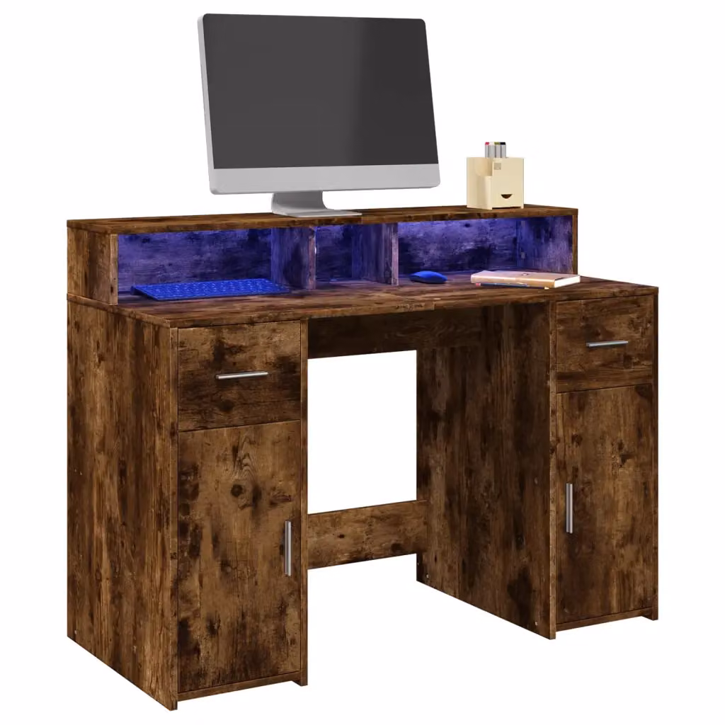 Scrivania da gaming vidaXL con luci LED in rovere marrone, L: 120 cm, P: 55 cm, H: 91 cm