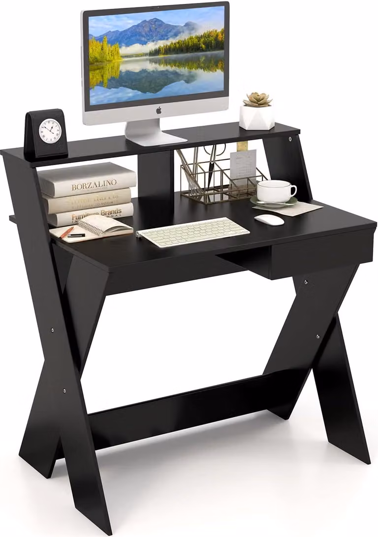 Scrivania per computer COSTWAY con cassetto, scrivania con estensione per monitor, tavolo da lavoro a forma di X, in legno, per piccole stanze a casa e in ufficio, 90 x 61 x 94 cm (nero)