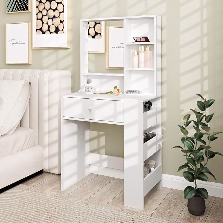 Comò moderno – Mobiletto da bagno – Specchiera da trucco – Tavolino da trucco in bambù bianco – Specchio a 3 lati