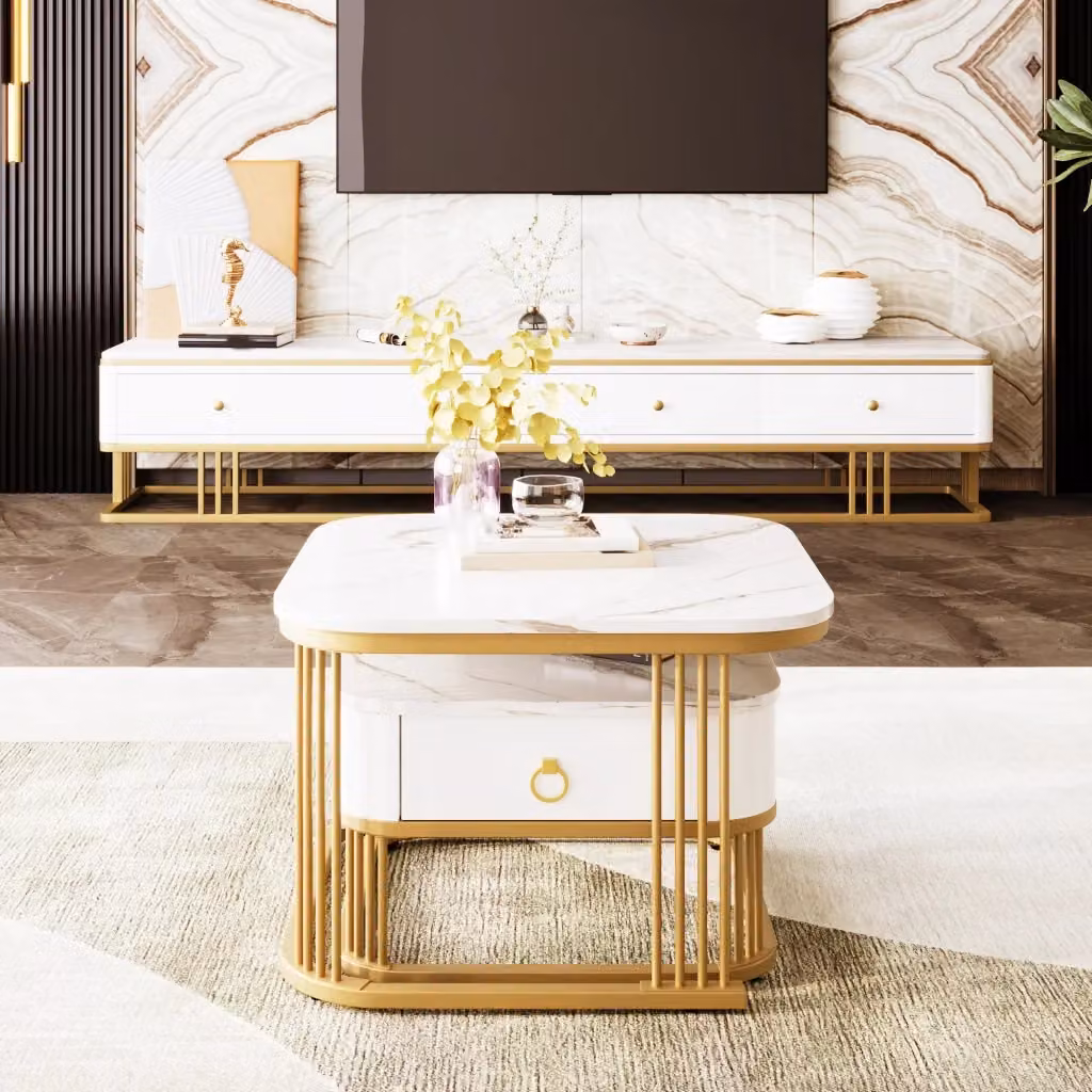 Set di tavolini bassi a incastro Mivray in MDF bianco effetto marmo lucido con struttura dorata e cassetto – 2