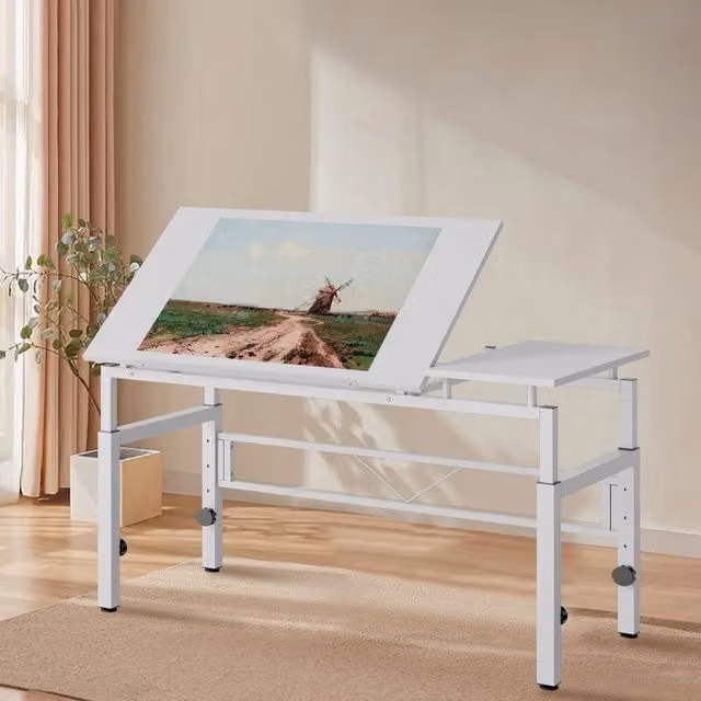 Tavolo da disegno regolabile in altezza e inclinazione in MDF e metallo bianco