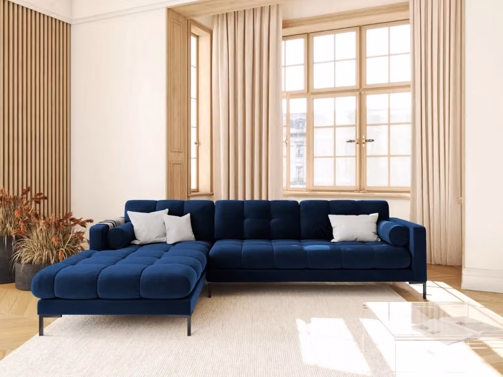 Divano angolare sinistro Bali di Cosmopolitan Design in velluto blu, 5 posti, L 293 cm x P 185 cm x H 75 cm – 2