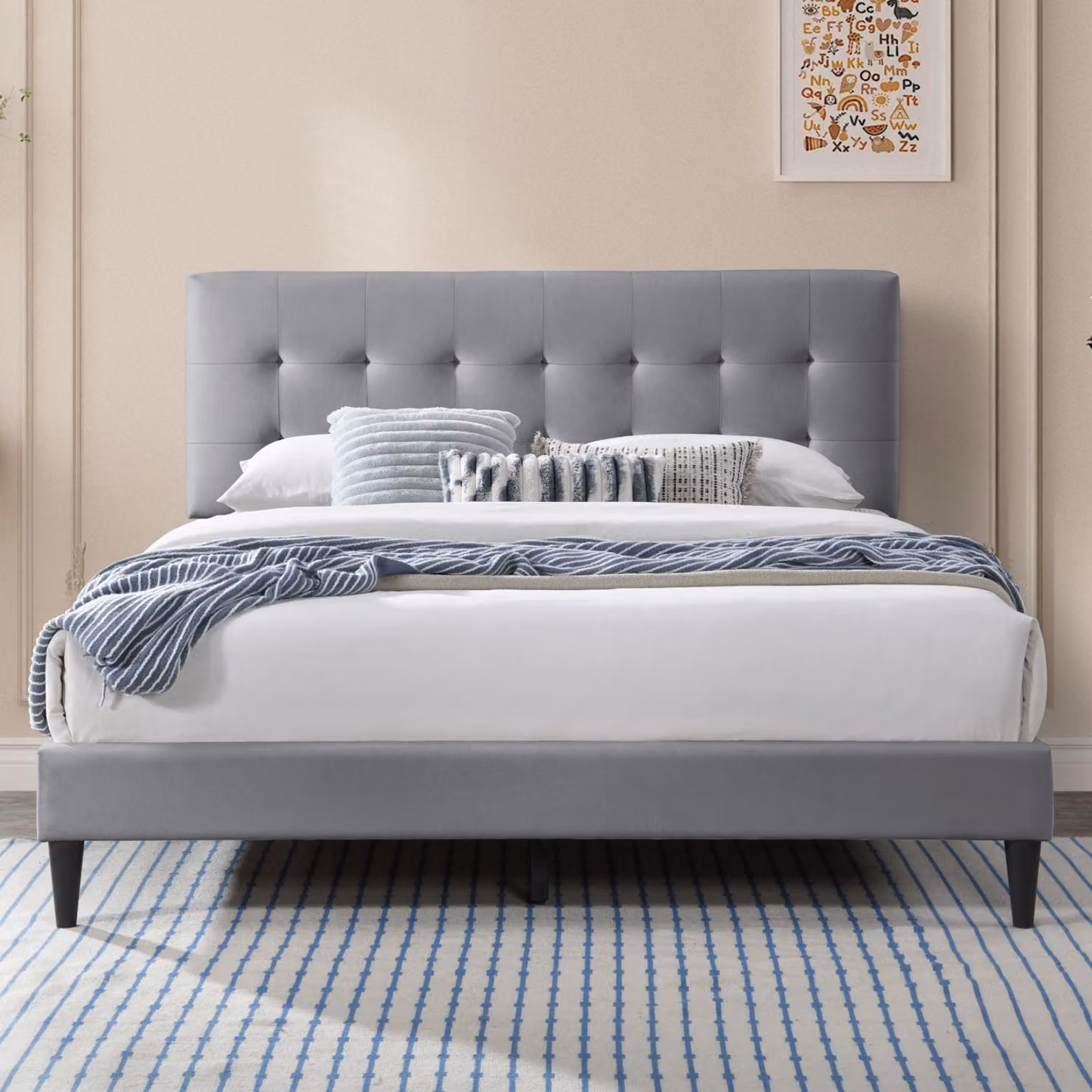 Letto imbottito 140x200 e 160x200 cm, letto matrimoniale con rete a doghe e rivestimento morbido, struttura del letto, trapuntatura a cassettoni, 160x200 cm, grigio