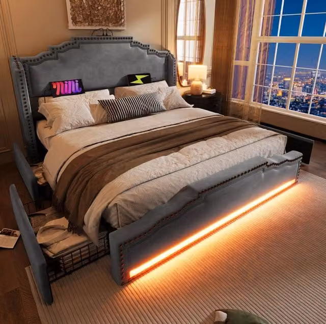 Letto 180x200 cm con 4 cassetti, LED, USB e USB-C in velluto grigio