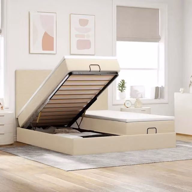 Letto con contenitore a sollevamento vidaXL in tessuto beige e bianco L: 180 cm, P: 200 cm, H: 203 cm