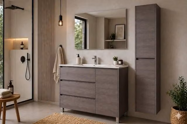 Mobile Bagno VOLUM Già Montato 3 cassetti e porta, lavabo e specchio Rovere affumicato 90x40 cm con colonna