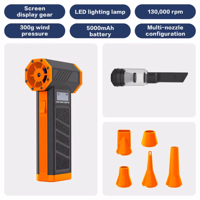 INF Soffiatore d'aria portatile mini senza fili - Batteria 5200mAh, multi-velocità fino a 130000RPM per computer, auto e casa Arancia