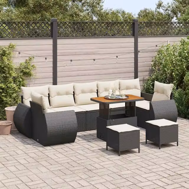 Set Divano da Giardino 10 pz 7-Numero di posti Nero e Crema 3363810
