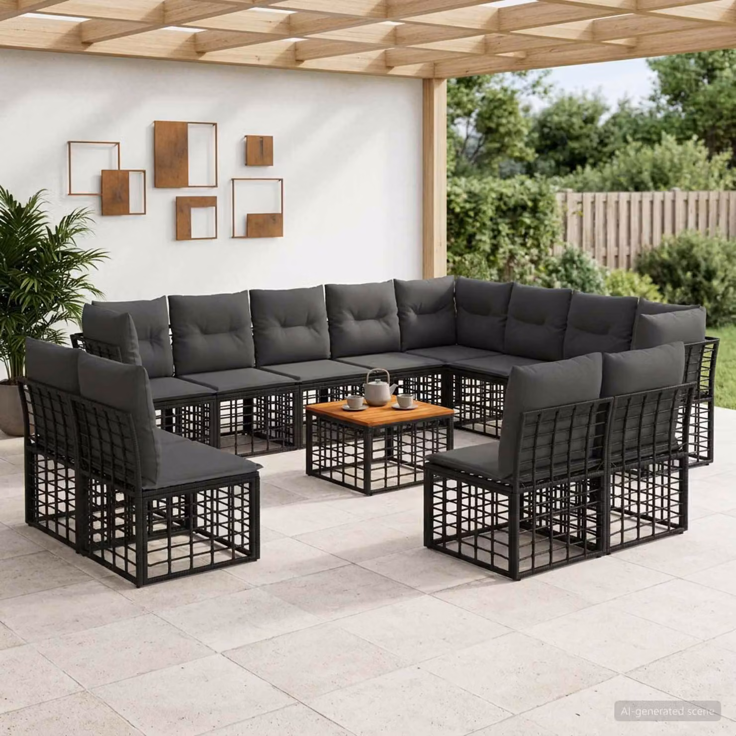 vidaXL Set di divani da esterno moderno a forma di U composto da 13 pezzi con tavolino e cuscini, Nero e Grigio