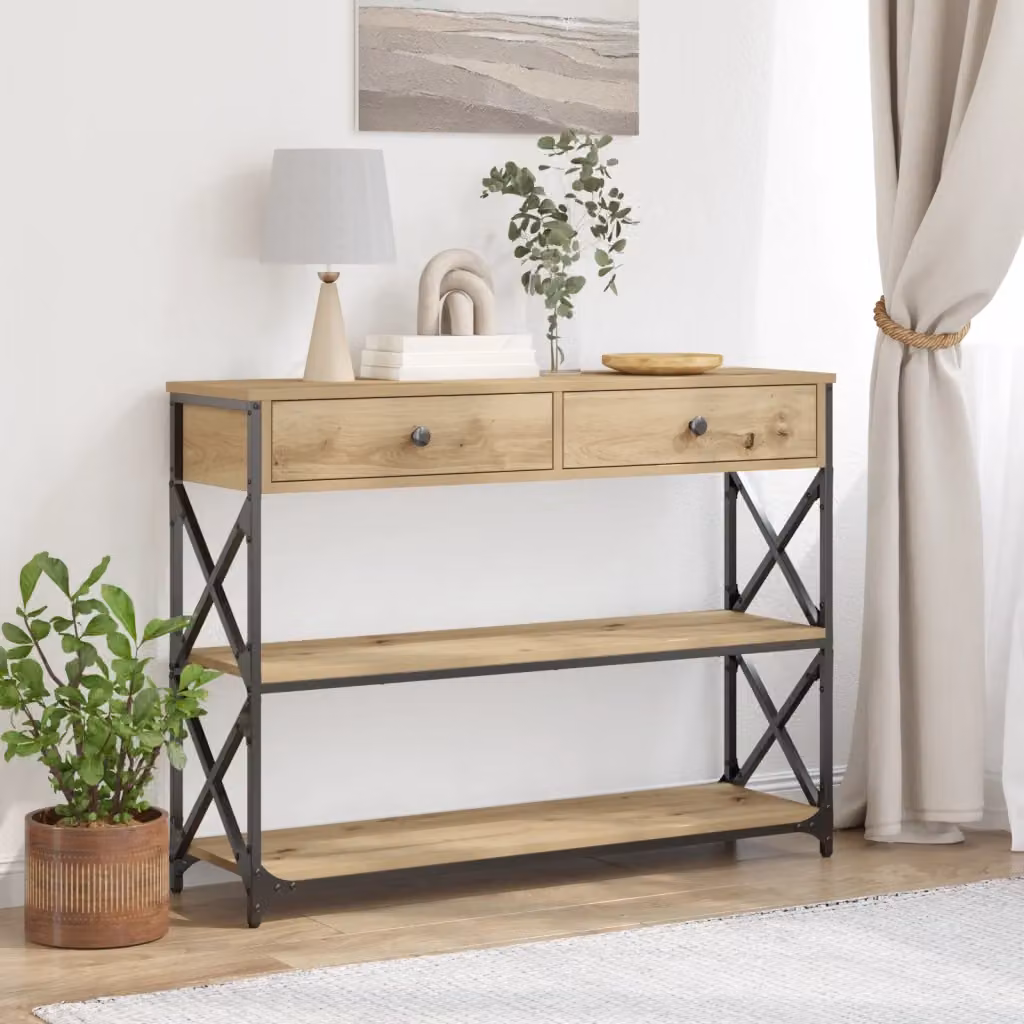 Tavolo Consolle d'Ingresso in Rovere e Metallo Stile Rustico Marrone L: 100 cm, P: 28 cm, H: 75 cm – 2