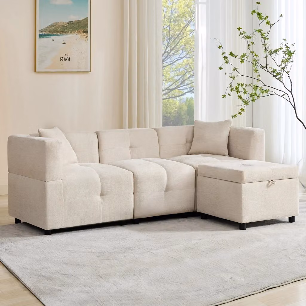 Divano angolare modulare MIVRAY a 3 posti in tessuto beige con pouf coordinato e cuscini, L/P/H: 204 x 126 x 69 cm – 2