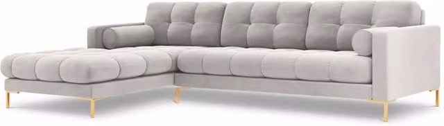 Divano angolare sinistro Bali di Cosmopolitan Design in velluto argento a 5 posti con struttura imbottita e piedini in metallo L/P/H: 293 x 185 x 75 cm