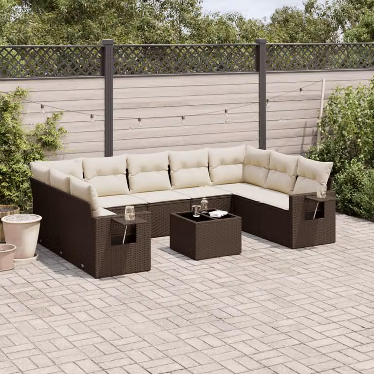 Set di Divani da Giardino vidaXL 10 Pezzi in Polyrattan Marrone con Cuscini e Tavolino da Esterno