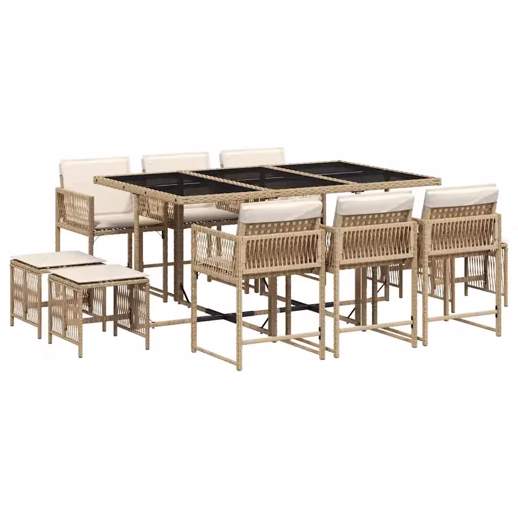 vidaXL Set da Pranzo da Giardino 11 pz in Polyrattan con Cuscini Beige e Piano in Vetro – 2