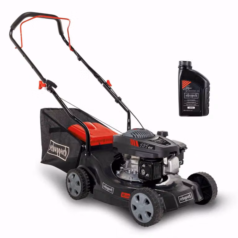 Tosaerba a benzina Scheppach MP132-40 | Potenza 3,3 CV | Larghezza di taglio 40 cm | Regolazione dell'altezza di taglio a 3 livelli | Cestello di raccolta da 35 litri | Olio motore incluso