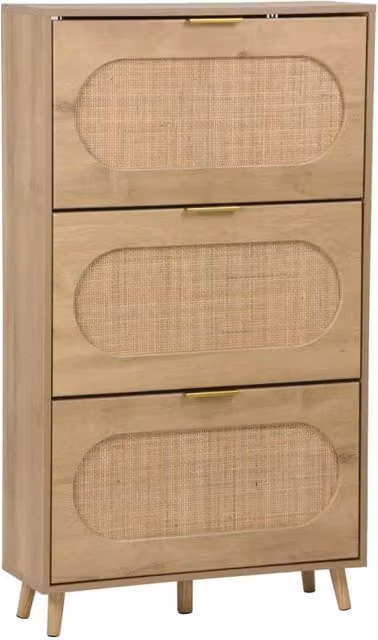 Scarpiera con decoro in legno e canna, 3 ante, marrone naturale