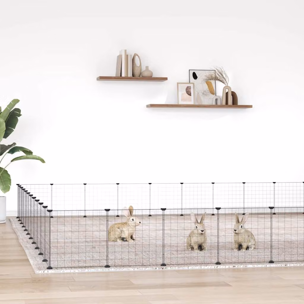 Gabbia per animali vidaXL in acciaio con 44 pannelli e porta, colore nero, L 385 x P 385 x H 35 cm