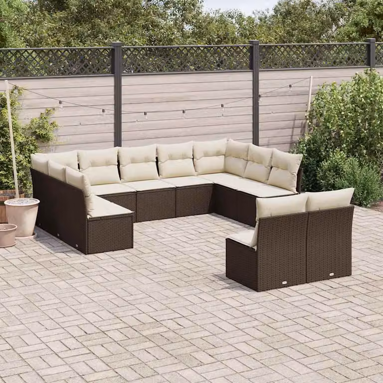 vidaXL Set Divani da Giardino a L 11 pz in Polyrattan Marrone con Cuscini Bianchi