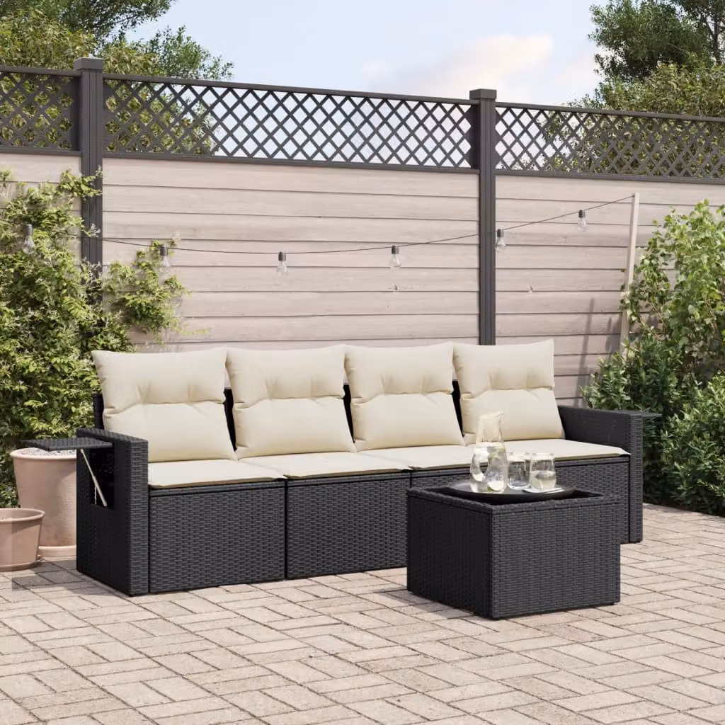 vidaXL Set Divani da Giardino 5 pz in Polyrattan Nero con Cuscini e Tavolino – 1
