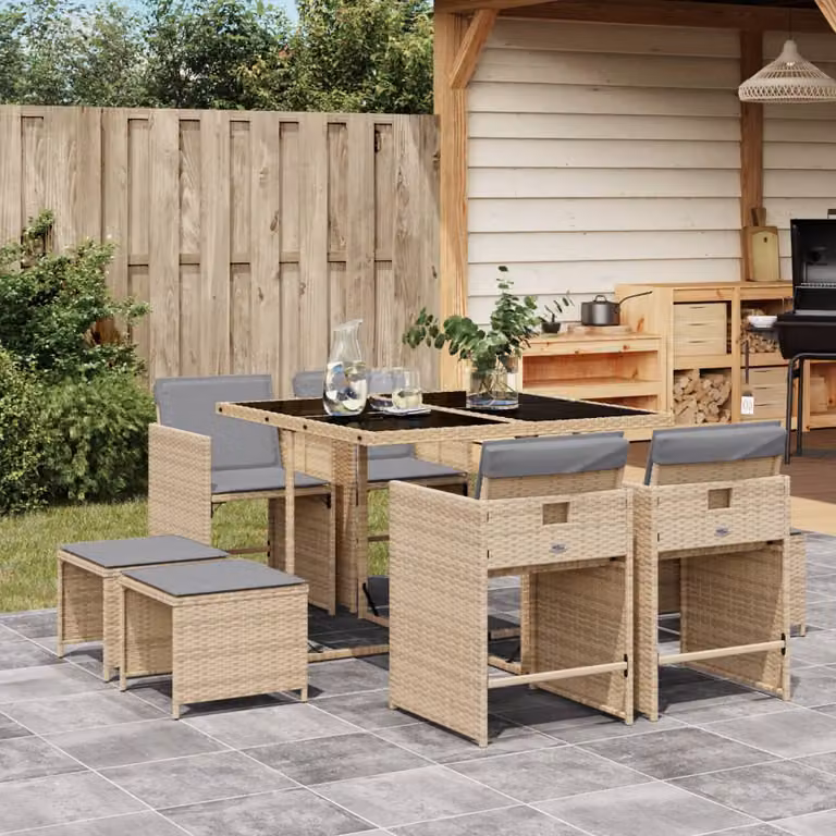 Set Pranzo da Giardino vidaXL 9 pz in Polyrattan con Cuscini Beige e Piano in Vetro