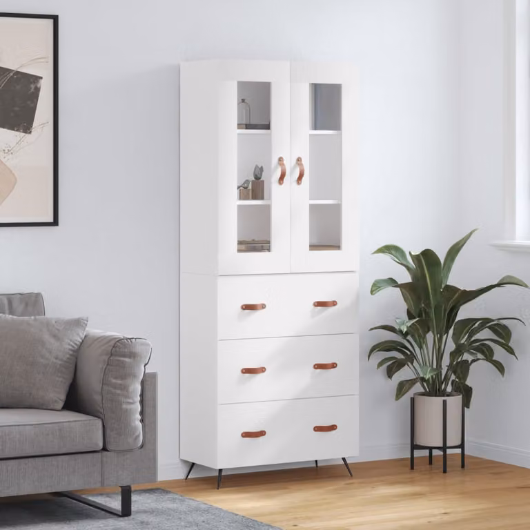 Credenza bianca vidaXL in stile rustico con ante in vetro e ripiani interni L/P/H: 69,5 x 34 x 180 cm
