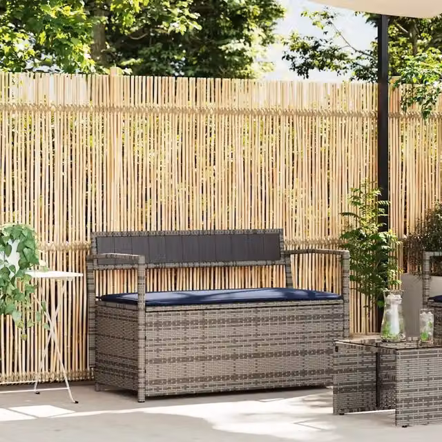 Panca portaoggetti da giardino vidaXL in polyrattan con cuscini blu e grigi L/P/H: 111.5 x 54.0 x 41.5 cm