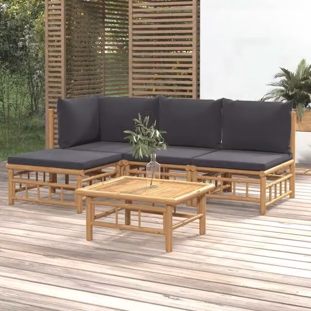 Set Salotto da Giardino 5pz con Cuscini Grigio Scuro Bambù 3155209