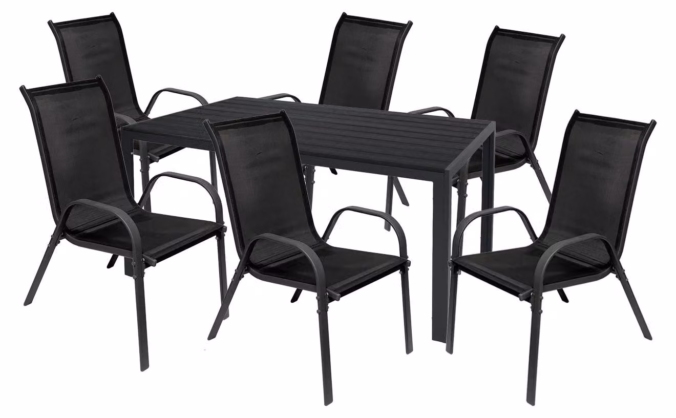 Set da giardino composto da 7 pezzi: gruppo sedute, gruppo tavolo e sedie, tavolo da 160x90 cm