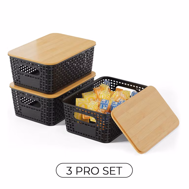 Contenitori portaoggetti, set da 3, cestello portaoggetti in plastica da 5 litri con coperchio in bambù per cucina, armadio, scaffale e casa, nero