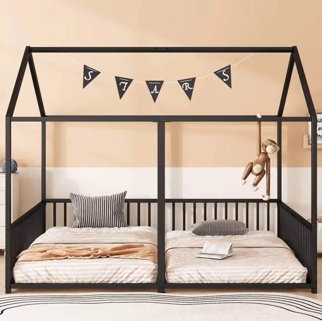 Letto a castello per bambini 90x200 cm in metallo nero con scala e sponde
