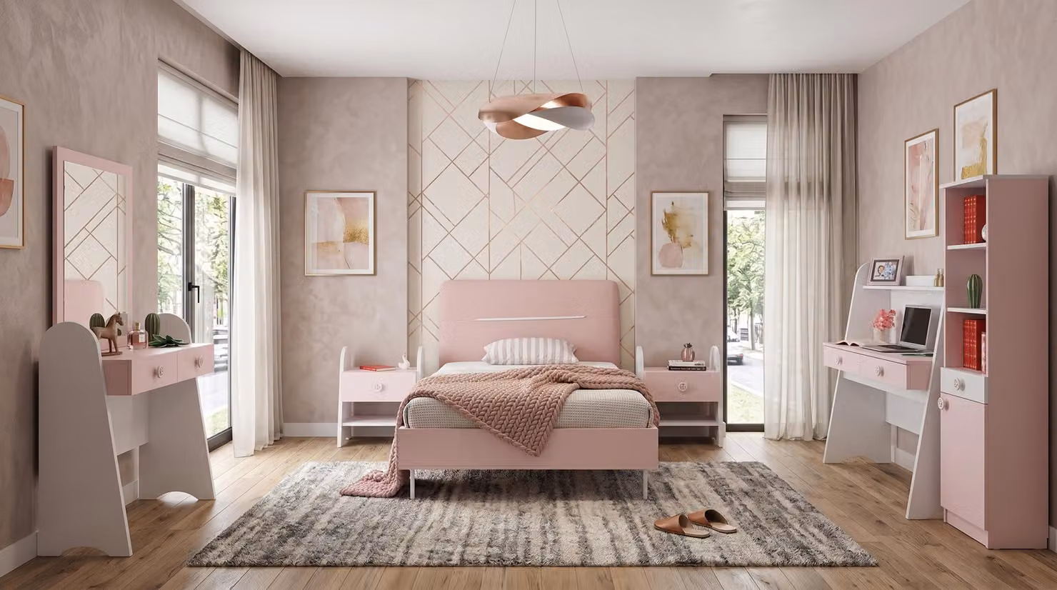 Camera da letto per adolescenti, colore bianco-rosa: letto, comò, comodini, scrivania, libreria