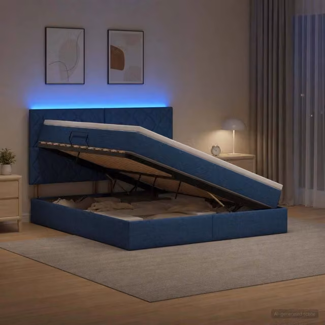 Letto con contenitore vidaXL in tessuto blu con illuminazione LED e porta USB, L/P/H: 140 x 200 x 128 cm – 1