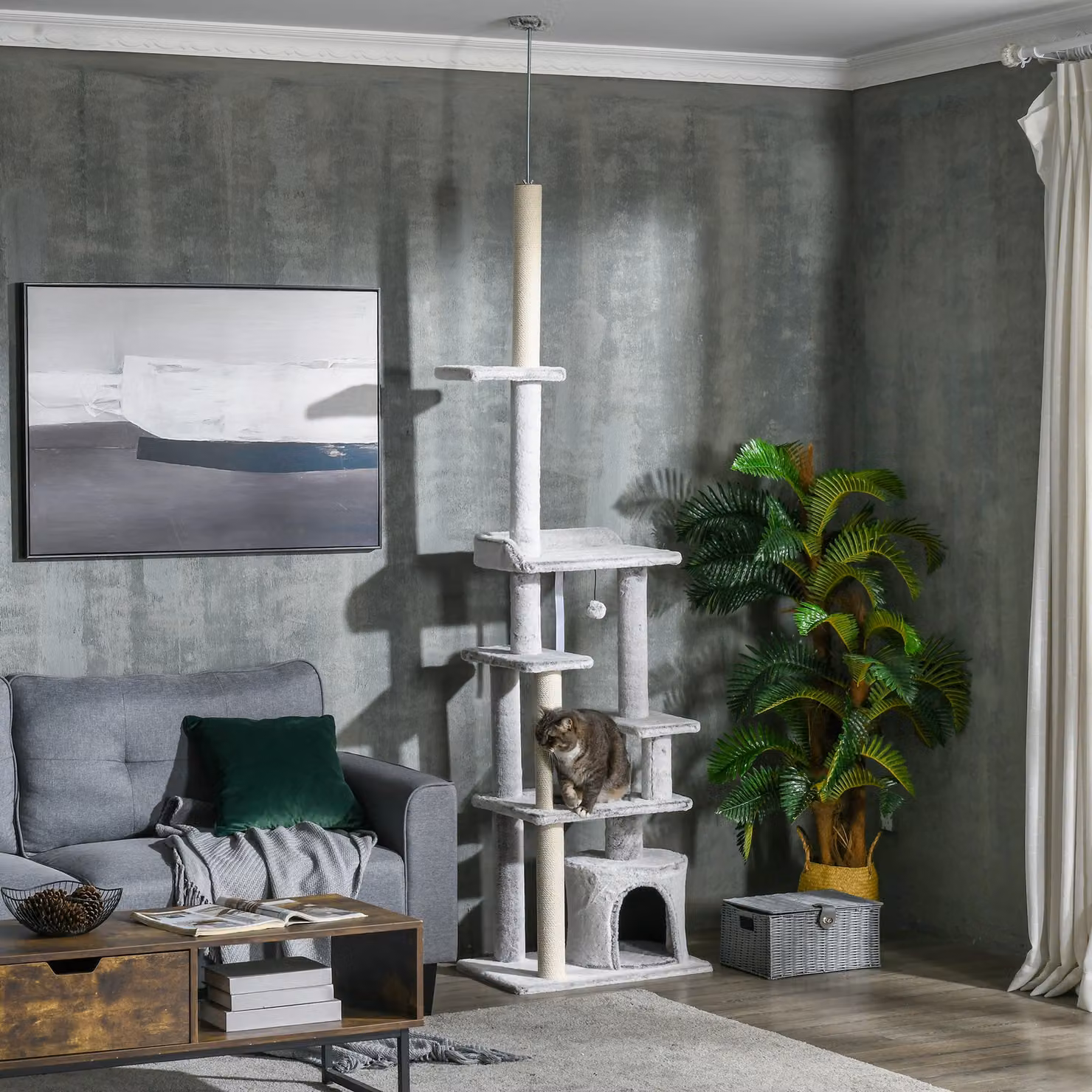 Albero Tiragraffi per Gatti a Soffitto PawHut con Piattaforme e Casetta, Grigio e Beige, L/P/H: 40 x 60 x 225-255 cm – 2