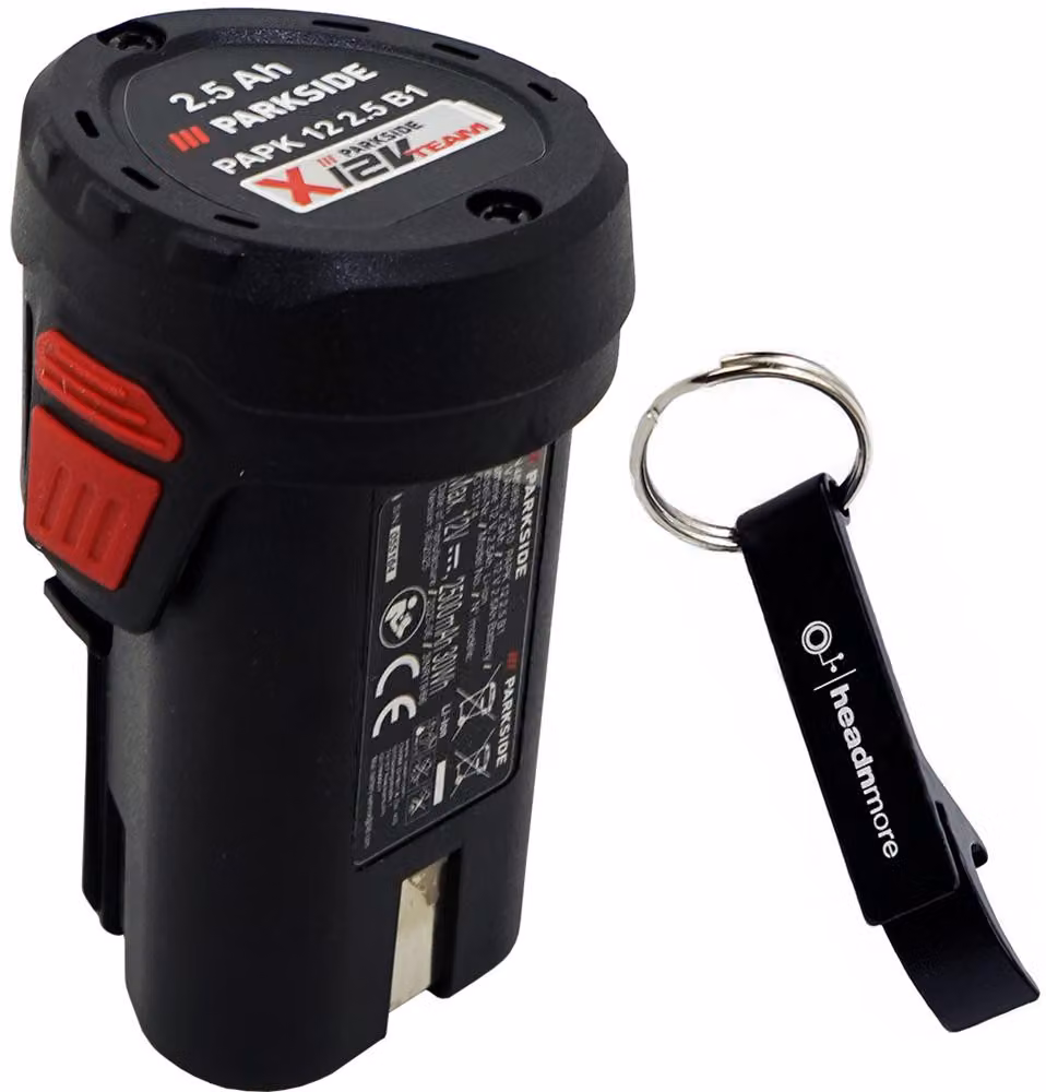Batteria PARKSIDE PERFORMANCE® 12 V / 2,5 Ah / batteria di ricambio PAPK 12 + apribottiglie HEADNMORE® con portachiavi e matita da carpentiere