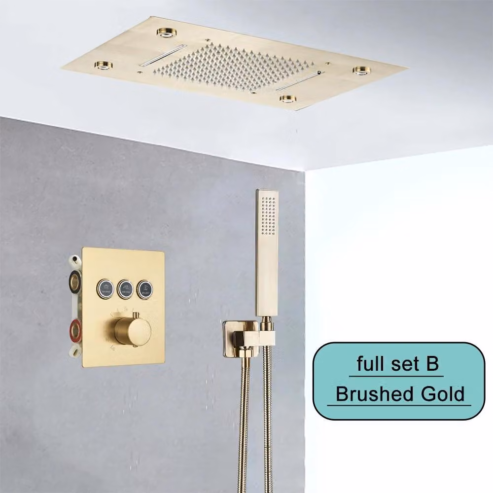 Kit doccia a soffitto con pioggia e LED - Modello B - Bocchetta doccia quadrata - Getto a cascata - Telecomando - Installazione a scomparsa nel soffitto - Finitura oro spazzolato