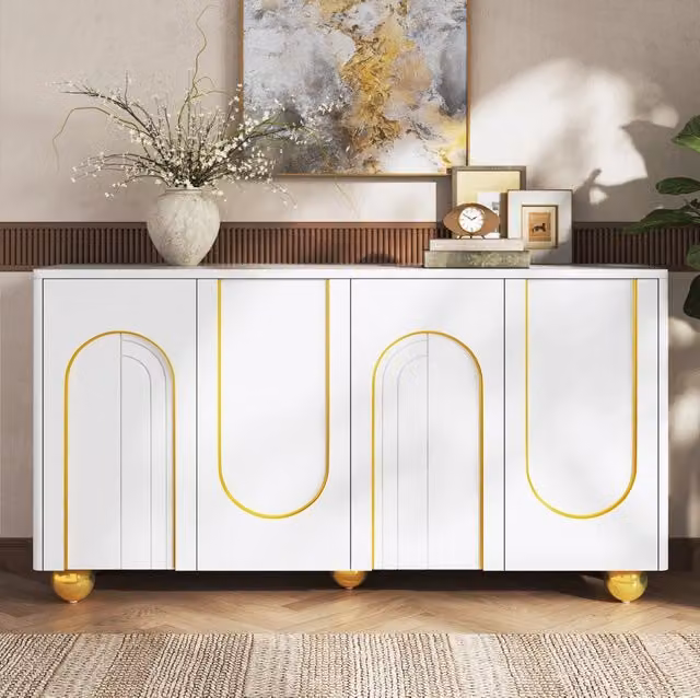 Sideboard a 4 ante con linea ad arco dorata; 140x40x74 cm; in MDF e truciolare bianco