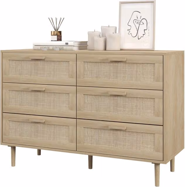Cassettiera compatta 6 cassetti 110 x 40 x 75 cm frontali in paglia di vienna antiribaltamento stile scandinavo accogliente in rattan legno chiaro 21_0001585