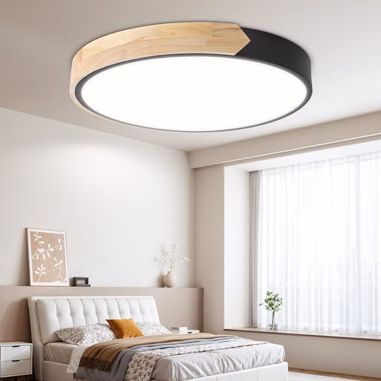Ikodm Lampada da soffitto a LED in legno 40 cm, 60 W, dimmerabile, con telecomando, lampada da soggiorno rotonda nera, 3000-6000 K