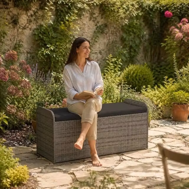 Storage Bench With Cushion, Grey, 115x51x52 Cm, Poly Rattan