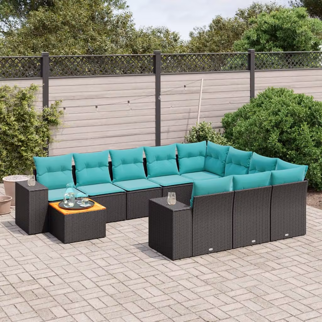 Set Divani da Giardino vidaXL 11 pz in Polyrattan con Cuscini e Tavolino da Esterno, Design Moderno a L, Colore Nero