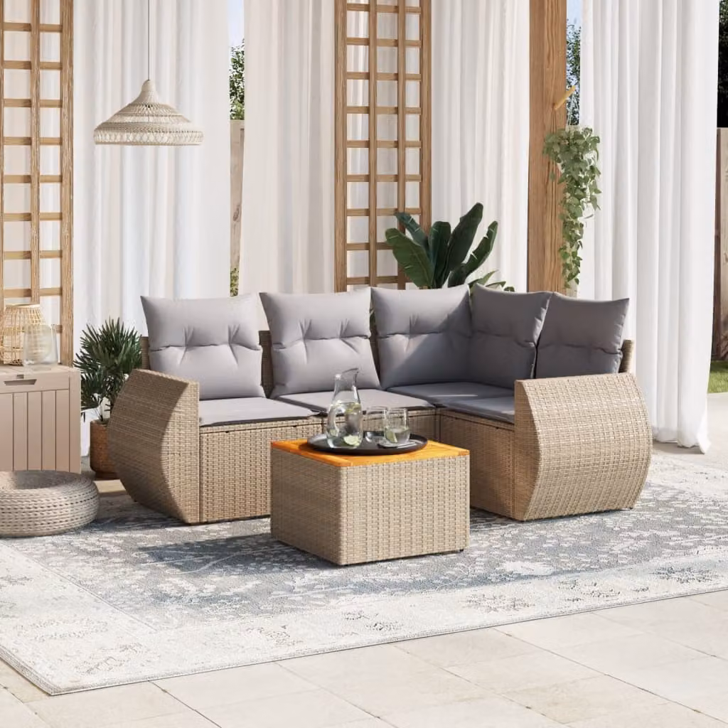vidaXL Set Divano da Giardino a L 5 pz in Polyrattan con Cuscini Beige e Tavolino da Esterno – 1
