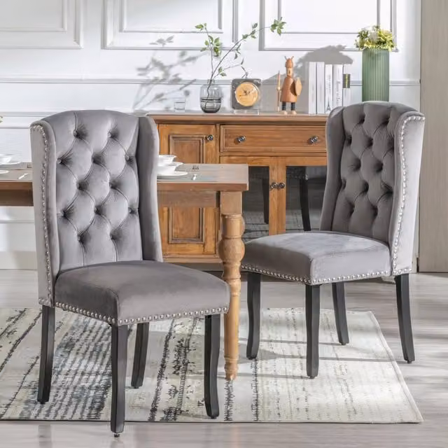 Set di 2 sedie da pranzo in velluto grigio con gambe in rovere e dettagli argentati