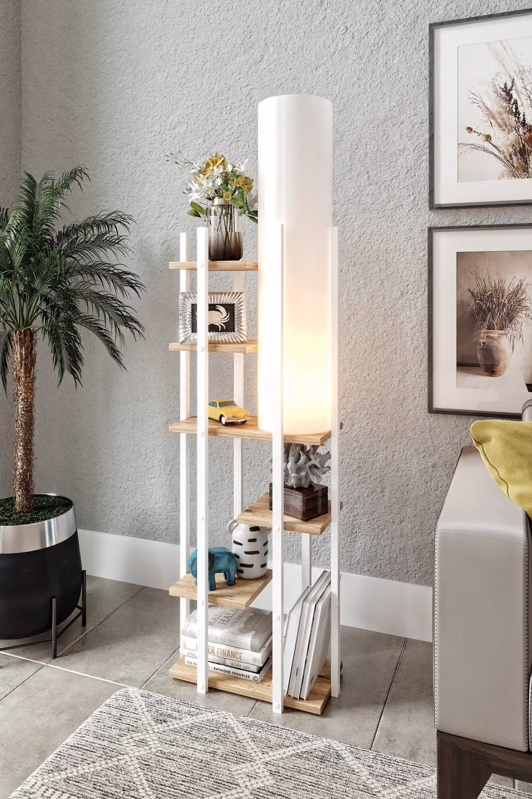 Opviq, lampada da terra di alta qualità, bianco e naturale, altezza 160 cm | Corpo in pannello truciolare, profilo in MDF, cappuccio in PVC | Attacco E27, max. 40 W | Design scandinavo moderno, certificata CE.