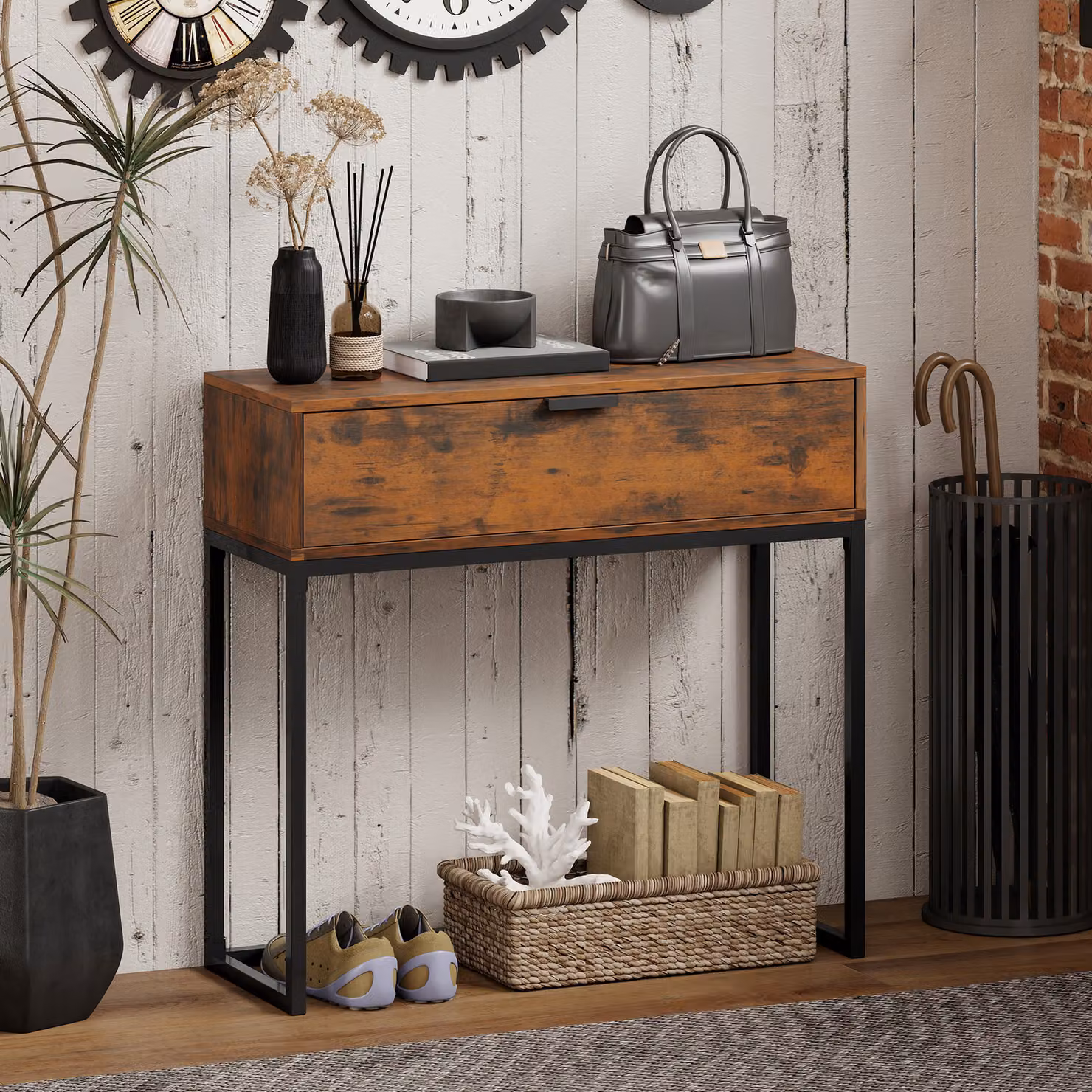 Consolle industriale HOMCOM con cassetto per ingresso e soggiorno, Nero, L 80 x P 30 x H 76 cm – 2