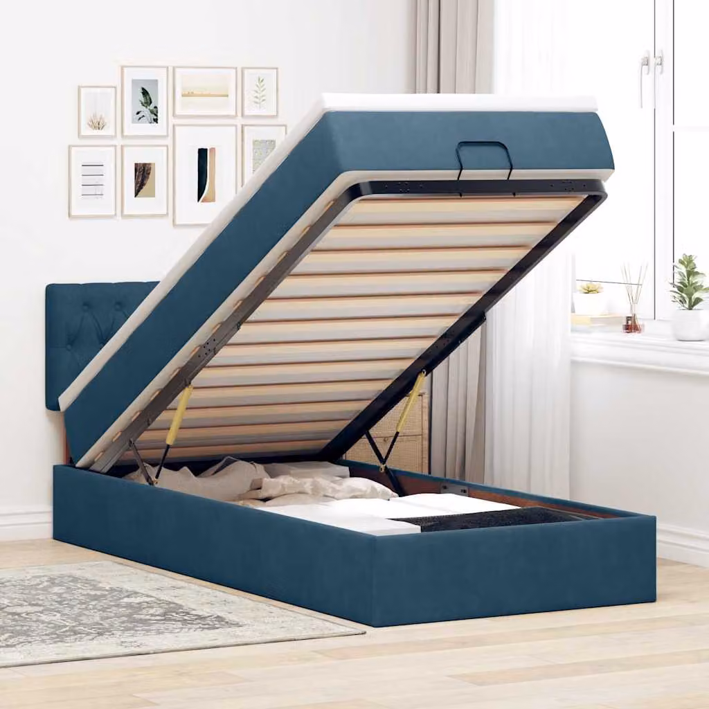 vidaXL Letto con Pouf e Materasso in Velluto Blu e Bianco, L/P/H: 90 x 190 x 88 cm